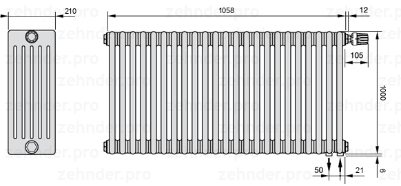 Схема (чертеж) Радиатор Zehnder Charleston 6100/23 №V002 Белый глянцевый RAL 9016